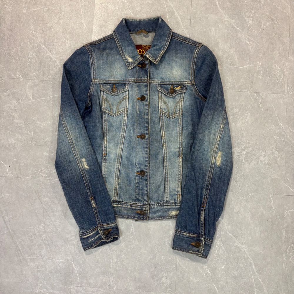 Hollister HCO Surf Co Distressed Denim Trucker Jacket Medium Wash Womens